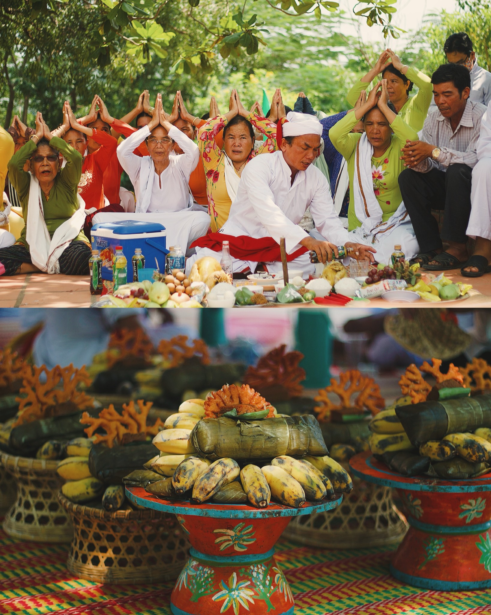 Cộng đồng Chăm thực hiện nghi lễ bên mâm lễ trong bộ ảnh Pandanus Resort chia sẻ